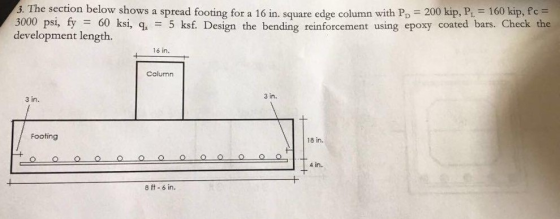 160 kip, fc 3. The section below shows a spread footing for a 16 in. square edge column with Pp 200 kip, P 5 ksf. Design the