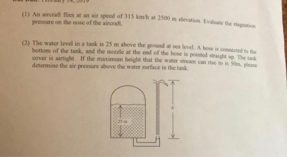 (1) An aircraft flies at an air speed of 315 km/h at 2500 m elevation. Evaluate the sta gnation pressure on the nose of the a