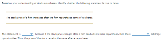 Based on your understanding of stock repurchases, identify whether the following statement is true or false: The stock price
