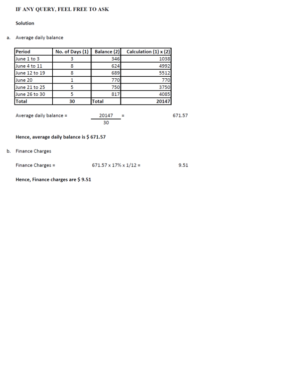 IF ANY QUERY, FEEL FREE TO ASK Solution a. Average daily balance 689 Period June 1 to 3 June 4 to 11 June 12 to 19 June 20 Ju