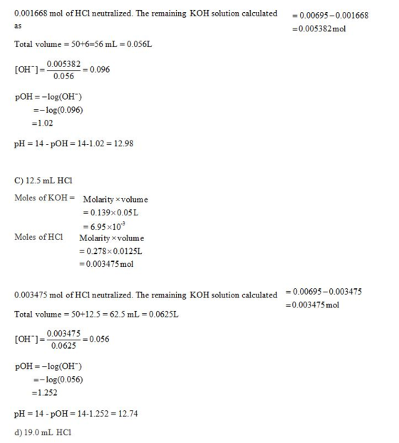 0.001668 mol of HC1 neutralized. The remaining KOH solution calculated 0.00695-0.001668 0.005382 mol as Total volume 50+6-56