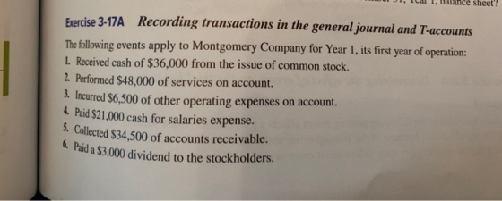 6. Paid a $3,000 dividend to the stockholders. sheet? 5. Collected $34,500 of accounts receivable. Exercise 3-17A Recording t