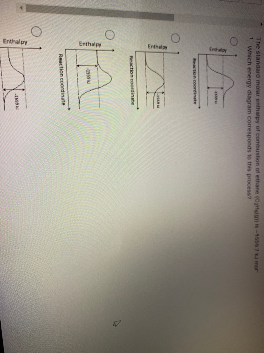 The standard molar enthalpy of combustion of ethane (C2Helgy) is -1559 7 KJ mor 1. Which energy diagram corresponds to this p