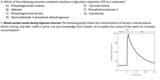 4. Which of the following enzymes catalyzed reactions in glycolysis require(s) ATP as a substrate? A) Phosphoglycerate mutase