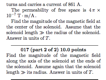 turns and carries a current of 861 A. The permeability of free space is 47 X 10-7 T:m/A. Find the magnitude of the magnetic f
