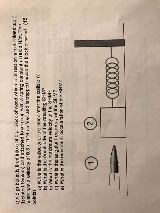 DA5 gr bullet is fired into a 500 gr block of wood which is at rest on a frictionless table and attached to a spring with a spring constant of 6000 N/m. The bullet has a velocity of 6.3 x 10A4 cm/sec and is trapped inside the block of wood. (15 points) a) What is the velocity of the block after the collision? b) What is the Amplitude of the resulting SHM? c) What is the maximum velocity of the SHM? d) What is the angular frequency of the SHM? e) What is the maximum acceleration of the SHM?