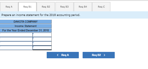 ReqA Req B1 Red B2 Req B3 Reg B4 Prepare an income statement for the 2018 accounting period. DAKOTA COMPANY Income Statement
