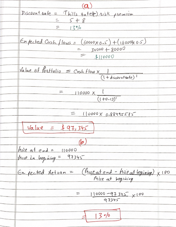 premium Discount rate = = = T bills ratelt) risk 5 + 8 13% En fected cash flows = (60000 x 0-1) +(160003 0.5) - 30000 + 30000