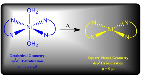 OH2 NI 11|N N ОН, Octahedral Geometry. sp dHybridization. u = 3.30 uß Square Planar Geometry. dsp Hybridization. u = 0 uß