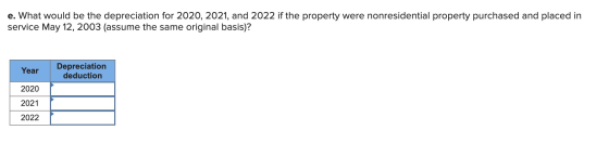 e. What would be the depreciation for 2020, 2021, and 2022 if the property were nonresidential property purchased and placed
