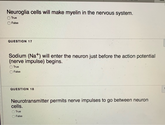 Neuroglia cells will make myelin in the nervous system. True False QUESTION 17 Sodium (Na+) will enter the neuron just before