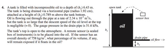 4. A tank is filled with incompressible oil to a depth of hi) 6.43 m. The tank is being drained via a horizontal pipe (radius 1.92 cm), attached at a height of Ch2) 0.789 m above the tank bottom. Oil is flowing out through the pipe at a rate of 2.34 x 103 3 but the tank is so large that the descent speed of the oil level at the top is negligible 0). The gauge pressure in the drain pipe is 51.6 kPa. The tanks top is open to the atmosphere. A remote sensor (a sealed box of instruments) is to be placed into the oil. If the sensor has an overall density of 758 kg/m3, what percentage of its volume, if any, will remain exposed if it floats in the oil? open tank oil sensor box drain pipe oil flow