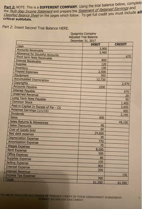 Part 2: NOTE: This is a DIFFERENT COMPANY Using the trial balance below, complete the Mult-Step Income Statement and prenare