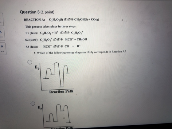 Question 3 (1 point) REACTION A: C2H4020) EDED CH2OH(1) + CO(g) This process takes place in three steps: S1 (fast): C2H4O2 +