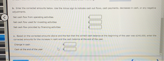 b. Enter the corrected amounts below. Use the minus sign to indicate cash out flows, cash payments, decreases in cash, or any