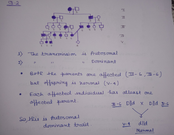 9-2 Dthn 2 3 4 6 2 3 > The transmission is Autosomal Dominant Both the parents are affected (I - 6, V-6) but offspring is n