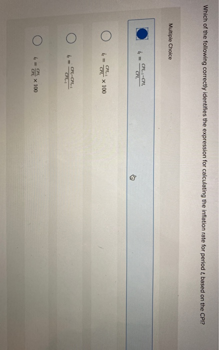 Which of the following correctly identifies the expression for calculating the inflation rate for period based on the CPI? Mu