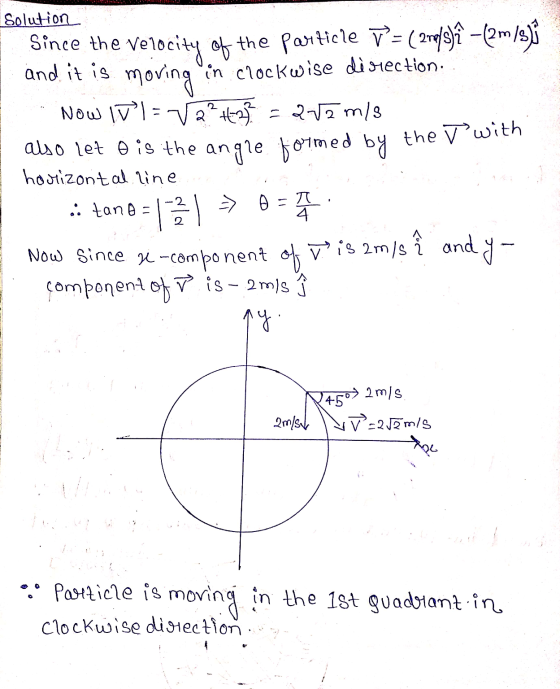 Solution Since the velocity of the particle T = ( 2refsî – (2m/s) and it is moving in Crockwise direction. Now lvl = √22432 =