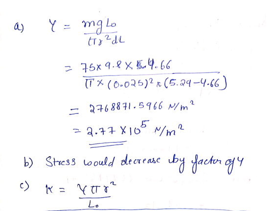 as Y = mglo Т-4L - 75х 4.gҳЕ... 66 (1+ (O-OQ5)?к (5.24 -Ч-66 ) - +6 88 +1.5966 / m2 — - 4.хо* /m b) Stress would decrease by
