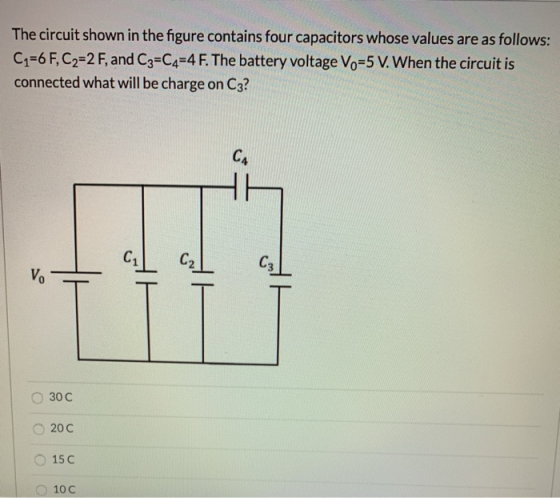 The circuit shown in the figure contains four capacitors whose values are as follows: C1=6 F, C2=2 F, and C3=C4=4 F. The batt