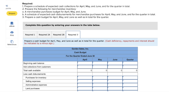points Required: 1. Prepare a schedule of expected cash collections for April, May, and June, and for the quarter in total. 2