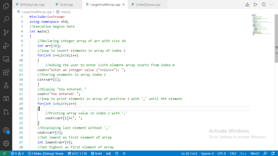 토 6 8 G# Birthday Calc.cpp GSList.cpp G+ Large SmallArray.cpp X G+ LinkedQueue.cpp G+ LargeSmallArray.cpp > main 1 #include<i