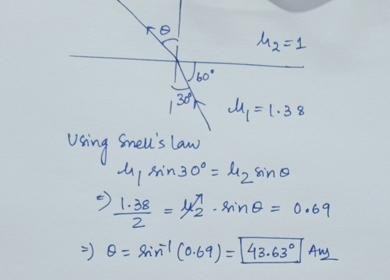 Mg=1 60 300 M, = 1.38 Snells law Using My sin 30° = lz sino =) 1.38 = 42. sino sino = 0.69 =) O = sint (0.69) = [43.630] An