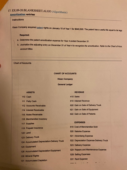 17. EX.09-20.BLANKSHEET.ALGO (Algorithmic) Amortization entries Instructions Kleen Company acquired patent rights on January