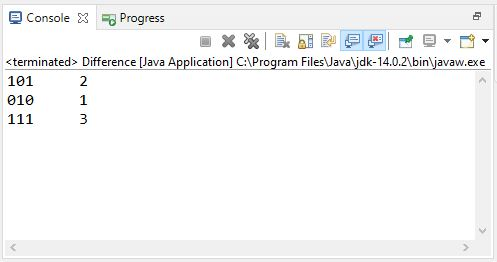 Console X = Progress <terminated> Difference (Java Application] C:\Program FilesVava\jdk-14.0.2\bin\javaw.exe 101 2 010 1 111
