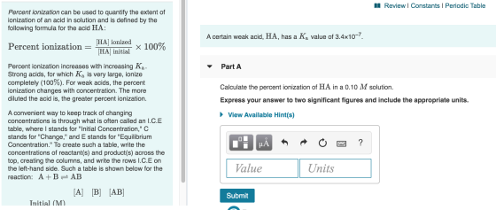 A Review | Constants | Periodic Table Percent ionization can be used to quantify the extent of ionization of an acid in solut