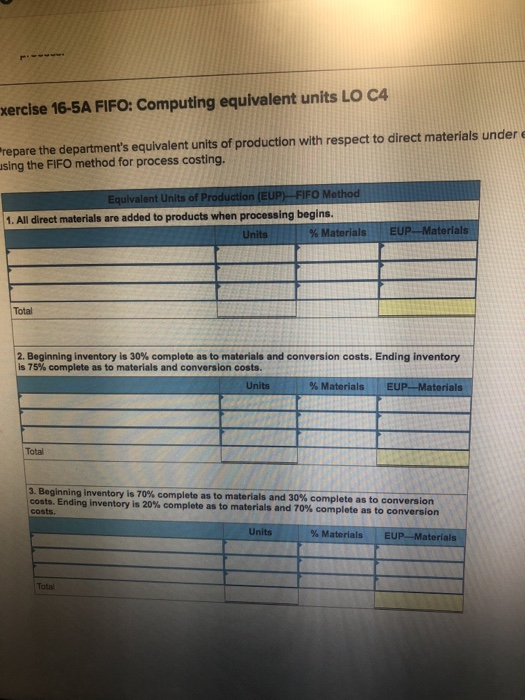 xercise 16-5A FIFO: Computing equivalent units LO C4 Prepare the departments equivalent units of production with respect to
