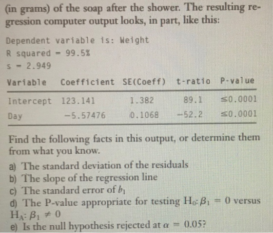 (in grams) of the soap after the shower. The resulting re- gression computer output looks, in part, like this: Dependent vari