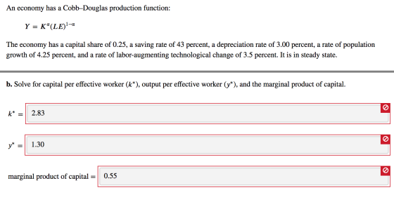 An economy has a Cobb-Douglas production function: Y = K°(LE)1-a The economy has a capital share of 0.25, a saving rate of 43