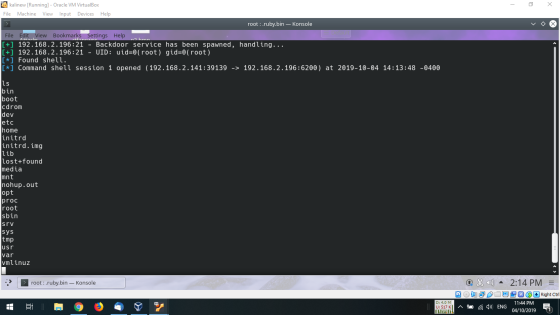 - 2 x a kalinew [Running] - Oracle VM VirtualBox File Machine View Input Devices Help root : ruby.bin - Konsole File Edit Vie