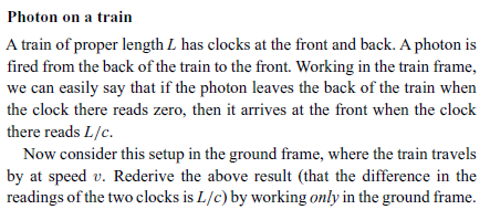 A train of proper length L has clocks at the front