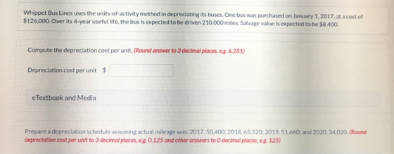 Whippet Bus Lines uses the units-of-activity method in depreciating its buses. One bus was purchased on January 1, 2017, at a