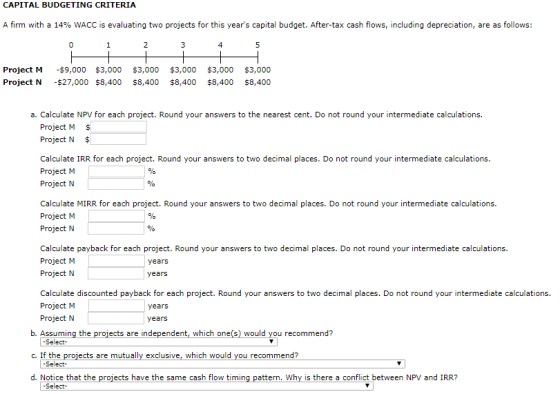CAPITAL BUDGETING CRITERIA A firm with a 14% WACC is evaluating two projects for this years capital budget. After-tax cash f
