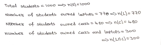 Total students = 1000 -> nisj=1000 Number of students owned laptops =770 => N(L)=770 Number of students owned cars = 480 _ nl