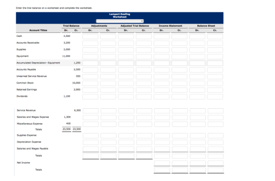 Enter the trial balance on a worksheet and complete the worksheet. Lampert Roofing Worksheet Adjusted Trial Balance Income St