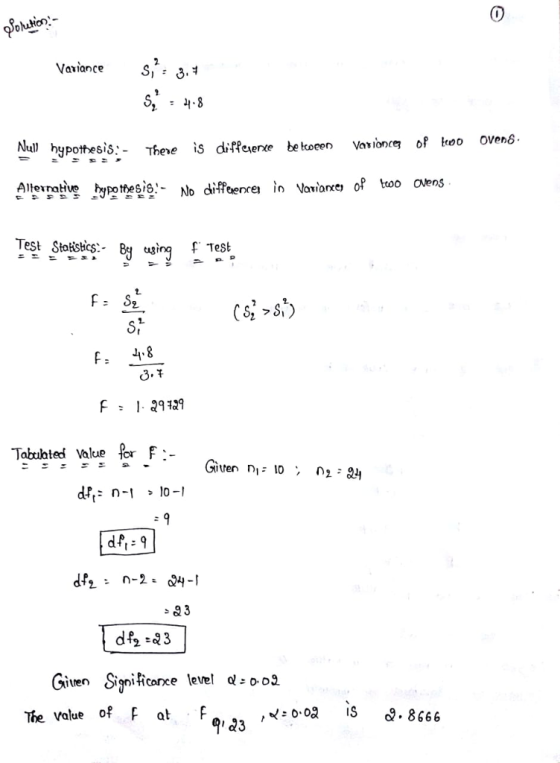 Variance Alei ypotes- No diffenre in Vanione) oP troo ovens Test Stotisbies By using F Test F- 48 Tabuibted Value for F- lten Significance level Q.o2 The Value of F at F IS Q. 8666 23