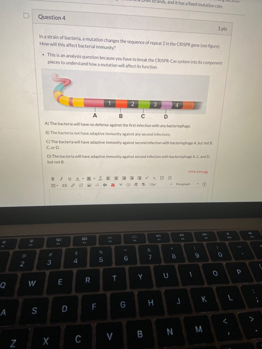 W A Strands, and it has a fued mutation rate. Question 4 1 pts In a strain of bacteria, a mutation changes the sequence of re