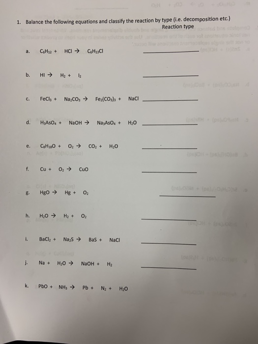 1. Balance the following equations and classify the reaction by type (i.e. decomposition etc.) Reaction type a. CH12 + HCI CH