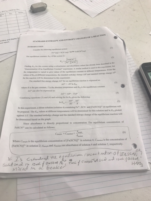 BANDARD ENTRALPY AND ENTWOP CHANGES OF A RENCO INTON PRIL can be AGATAS Cando KAN In this experimenta dilute solution solutio