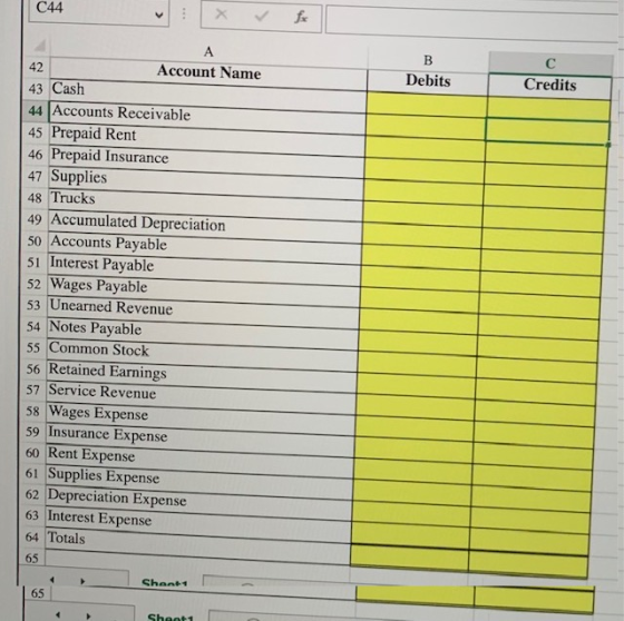 C44 X for B Debits с Credits A 42 Account Name 43 Cash 44 Accounts Receivable 45 Prepaid Rent 46 Prepaid Insurance 47 Supplie
