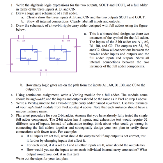 1. Write the algebraic logic expressions for the two outputs, SOUT and COUT, of a full adder in terms of the three inputs A,