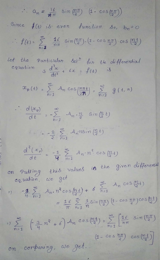 an 16 TO Sin C (1-cos) Since f(t) is even function. So, bno f (t) = 16 NTI Sin (23)- (1 - Cos y ).cos () n=1 Particular Let