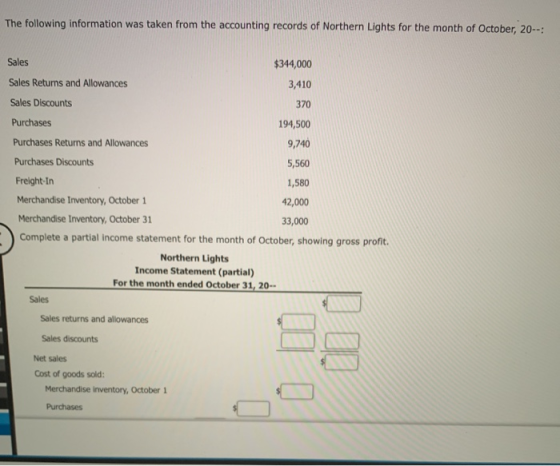 The following information was taken from the accounting records of Northern Lights for the month of October, 20--: Sales $344