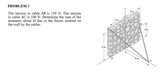 PROBLEM 2 5 m The tension in cable AB is 150 N. The tension in cable AC is 100 N. Determine the sum of the moments about D du