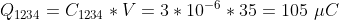 Q_{1234} = C_{1234} * V = 3 * 10^{-6} * 35 = 105 \ \mu C