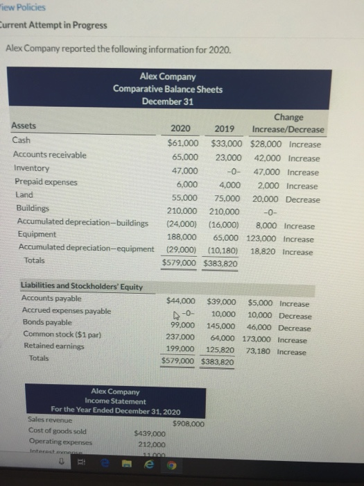 iew Policies Current Attempt in Progress Alex Company reported the following information for 2020. Alex Company Comparative